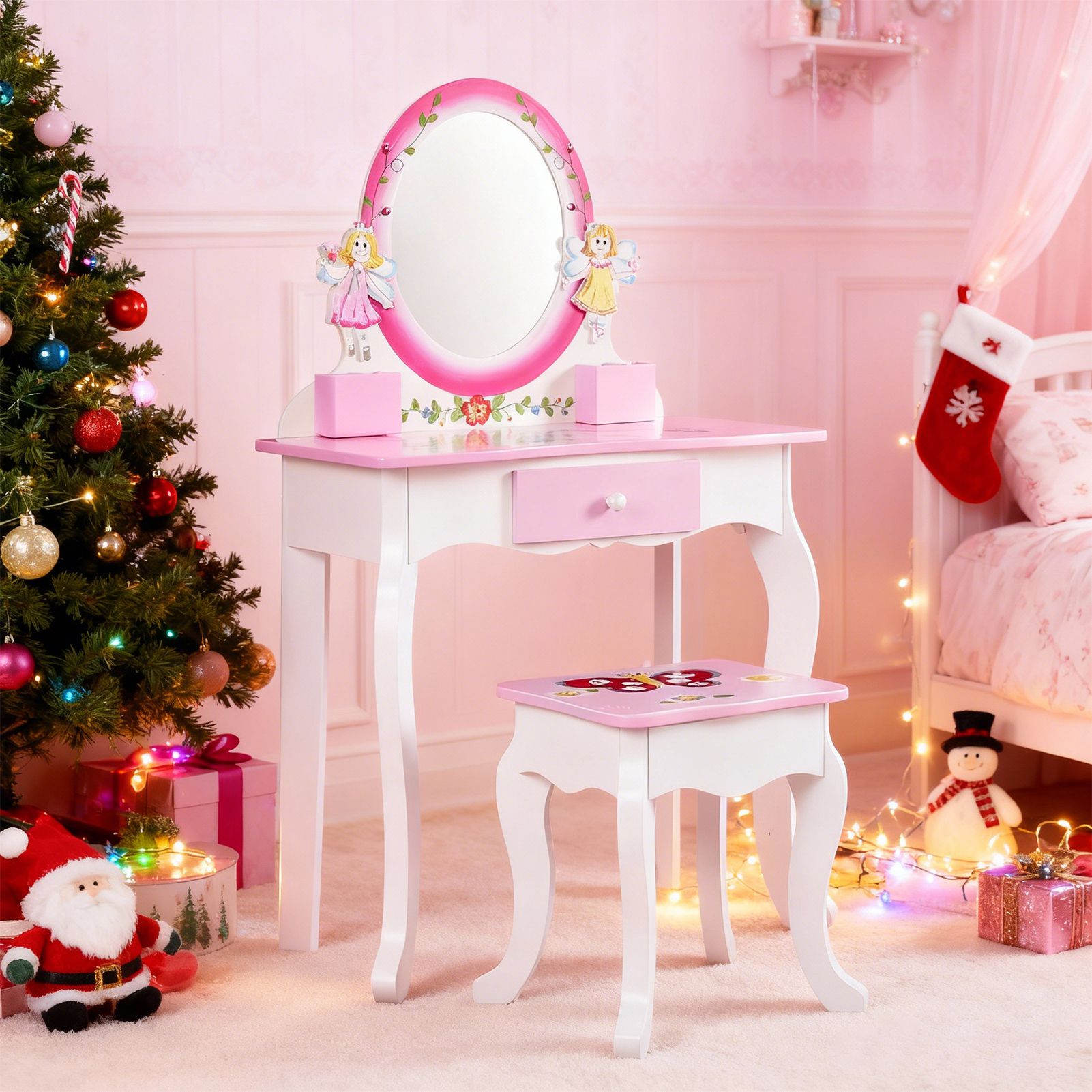 Beauty Makeup Girl - Kids Vanity Set Floral Printed Wooden